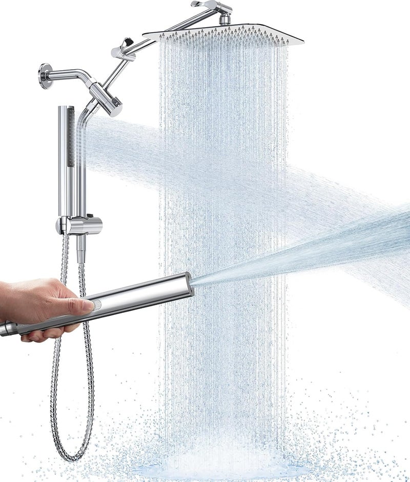 Veken All Metal 10" Shower Head with Handheld, Luxurious Square Double Rain Shower Heads with Spray Combo, Dual High Pressure Detachable Rainfall Showerhead with Extension Arm, Long Hose,Chrome,Sliver - Image 1
